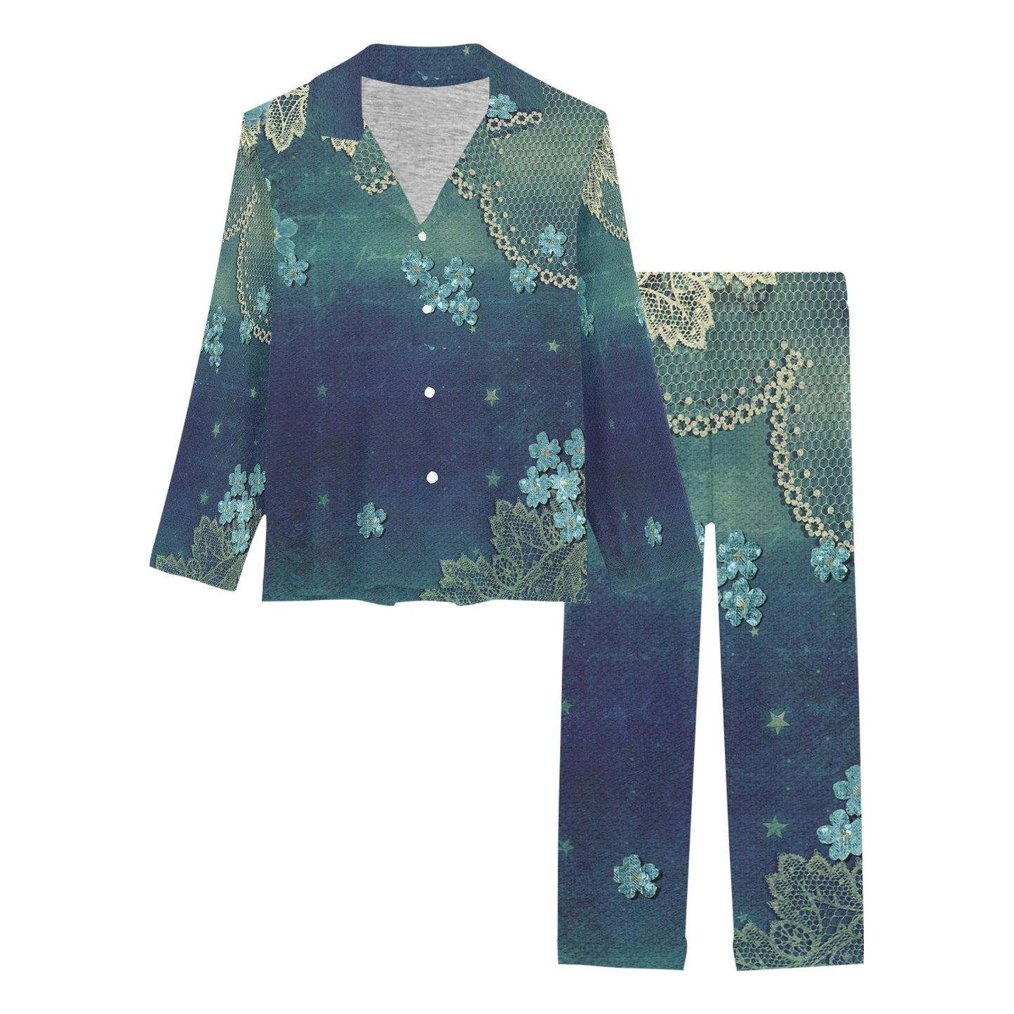 Victorian printed lace pajama set, design 04 Women's Long Pajama Set (Sets 02)