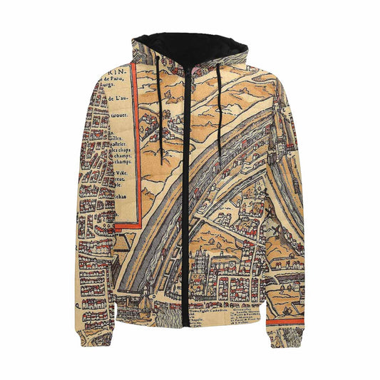Antique Map design, mens lightweight, warm, quilted hooded bomber jacket, design, 49