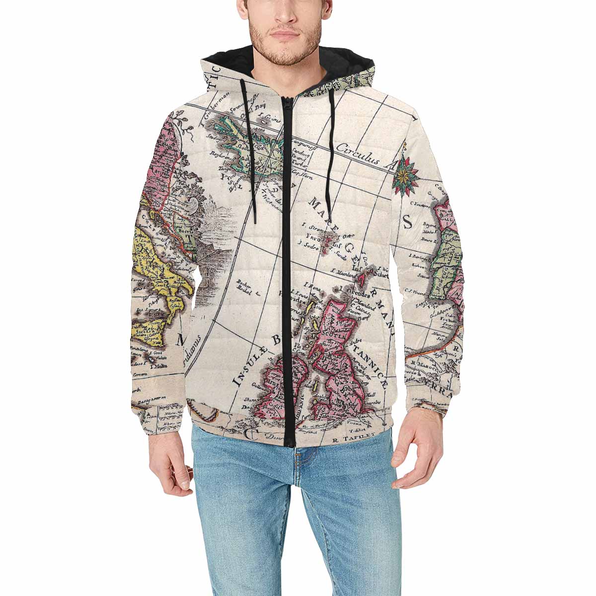 Antique Map design, mens lightweight, warm, quilted hooded bomber jacket, design, 43