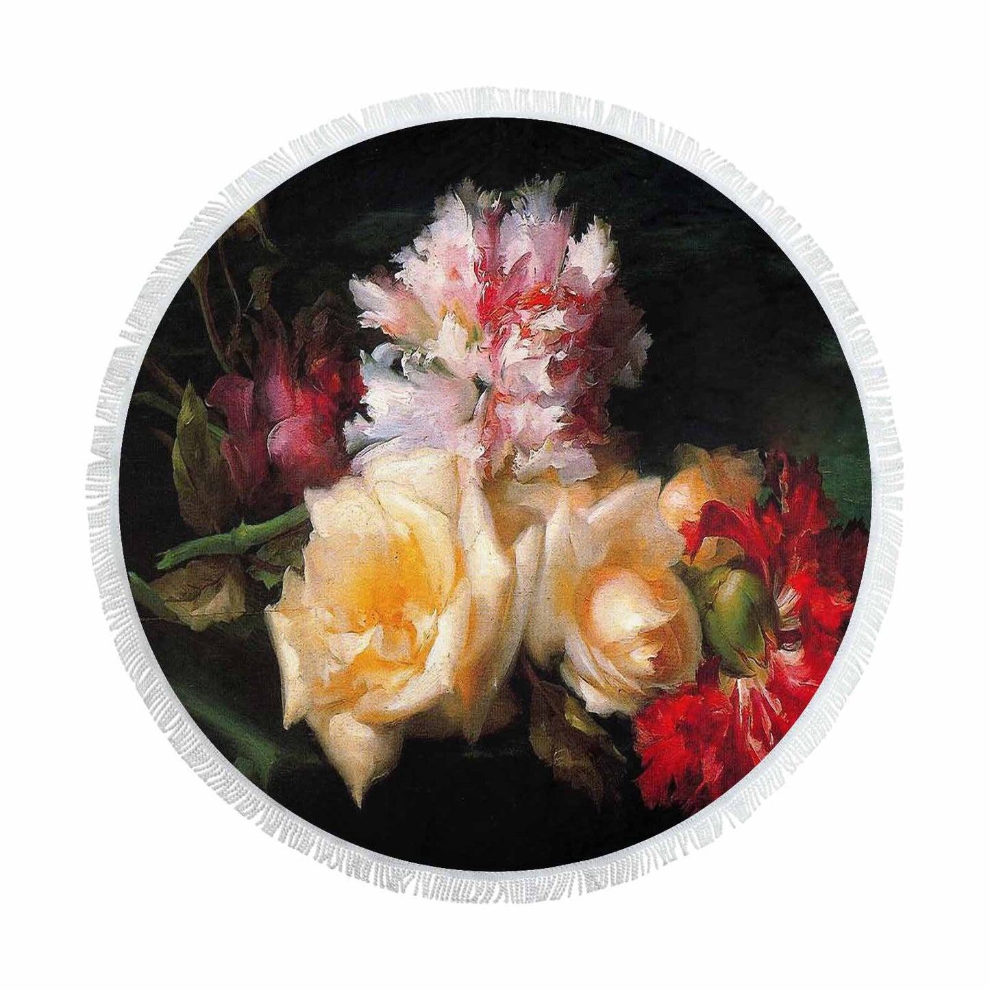 Vintage Floral circular plush beach towel, fringe edges, Design 30