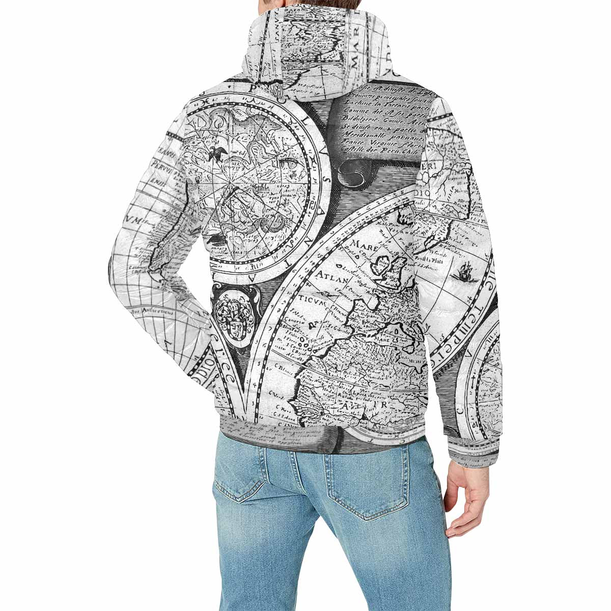 Antique Map design, mens lightweight, warm, quilted hooded bomber jacket, design, 29