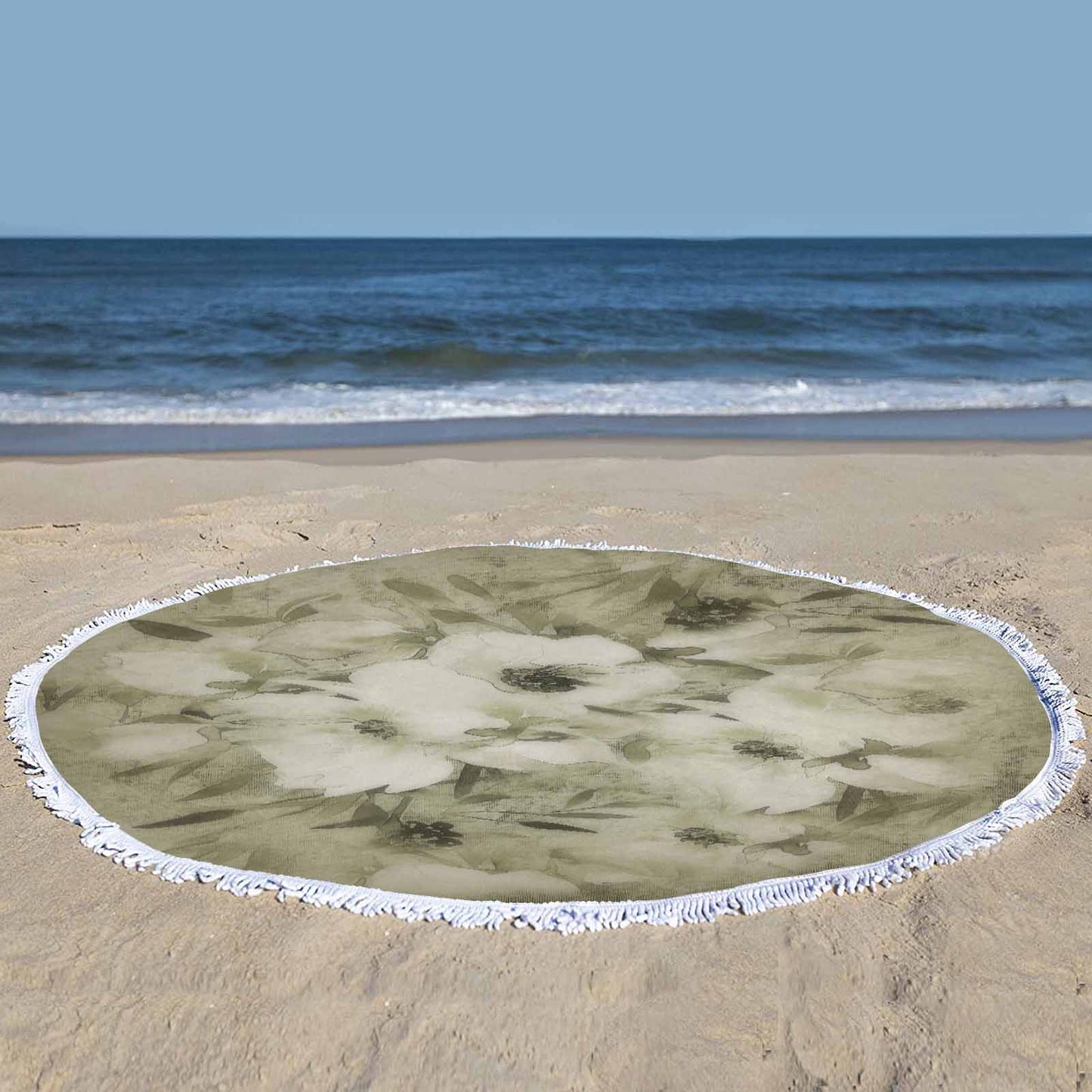 Vintage Floral circular plush beach towel, fringe edges, Design 03x