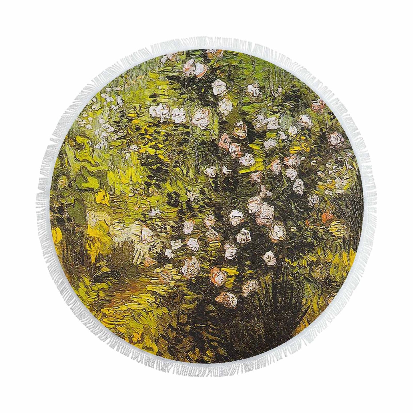 Vintage Floral circular plush beach towel, fringe edges, Design 05