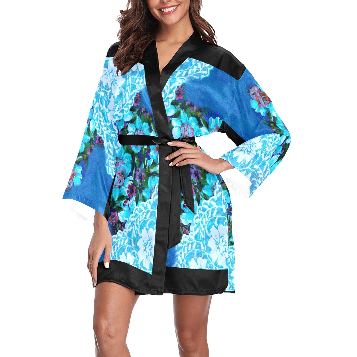 Victorian Lace Kimono Robe, Black or White Trim, Sizes XS to 2XL, Design 49