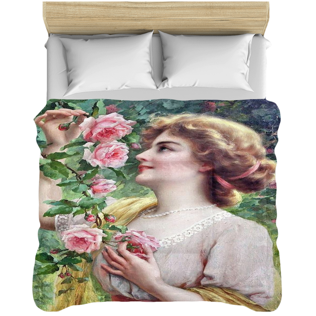 Victorian lady design comforter, twin, twin XL, queen or king, lady picking pink rose