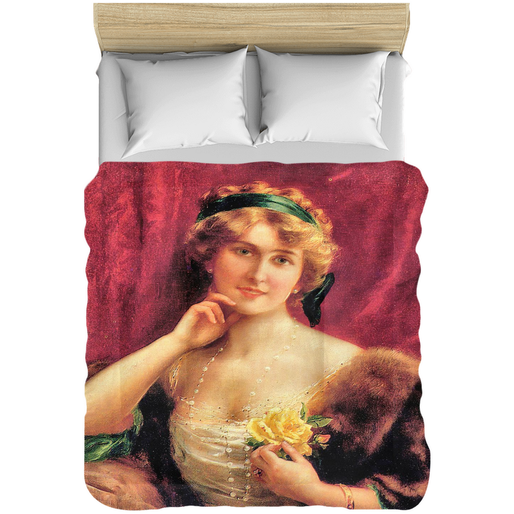 Victorian lady design comforter, twin, twin XL, queen or king, Elegant Lady with a YELLOW Roses