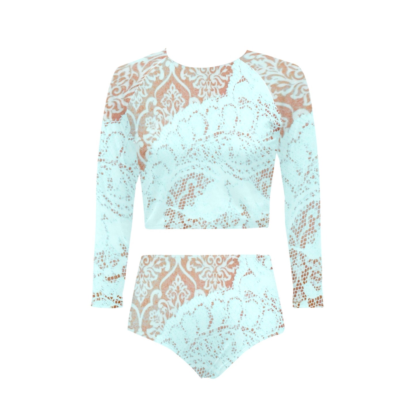 Victorian printed lace, long sleeve 2pc swimsuit, beachwear, design 23 Long Sleeve Bikini Set (Model S27)