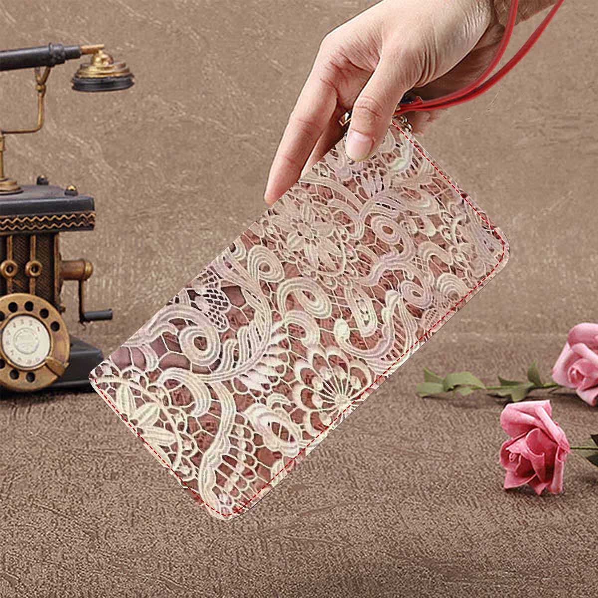 Victorian lace print womens wallet, clutch purse, red trim, design 11