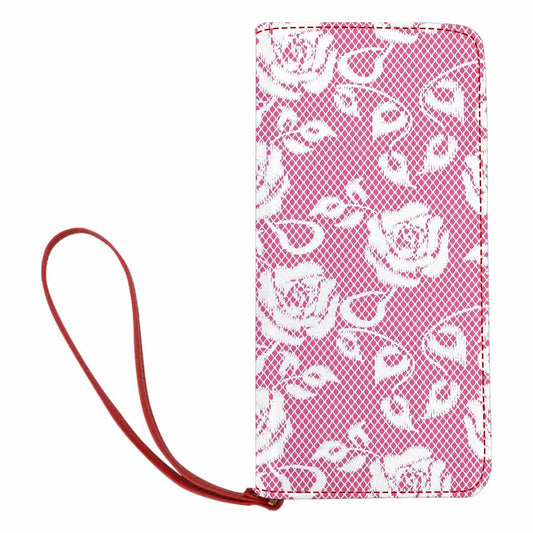 Victorian lace print womens wallet, clutch purse, red trim, design 17