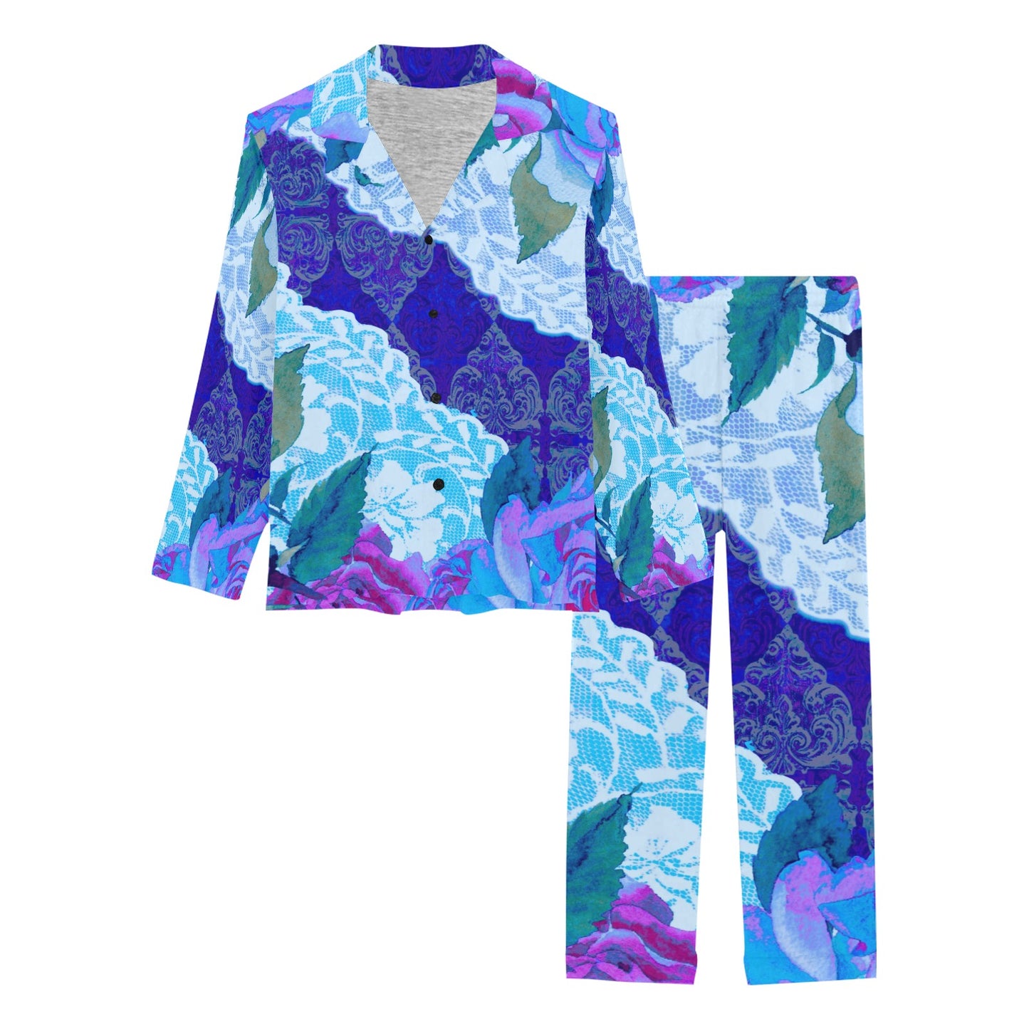 Victorian printed lace pajama set, design 20 Women's Long Pajama Set (Sets 02)