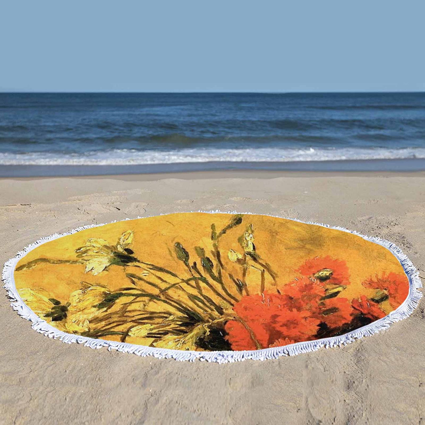 Vintage Floral circular plush beach towel, fringe edges, Design 61