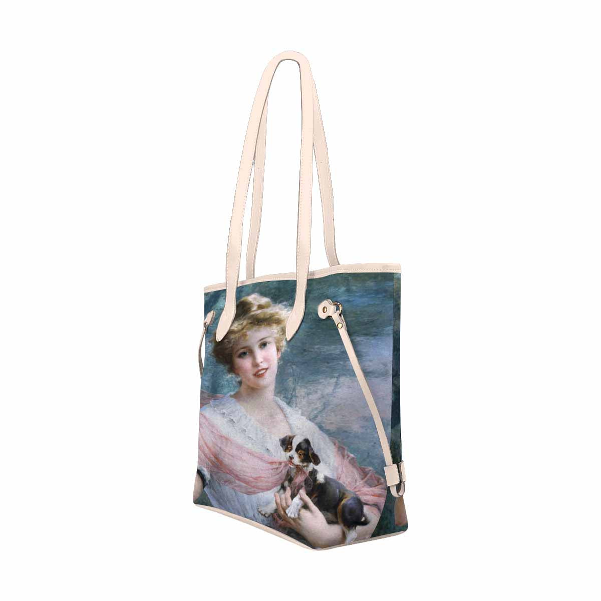 Victorian Lady Design Handbag, Model 1695361, The Mischievous Puppy, BEIGE/TAN TRIM