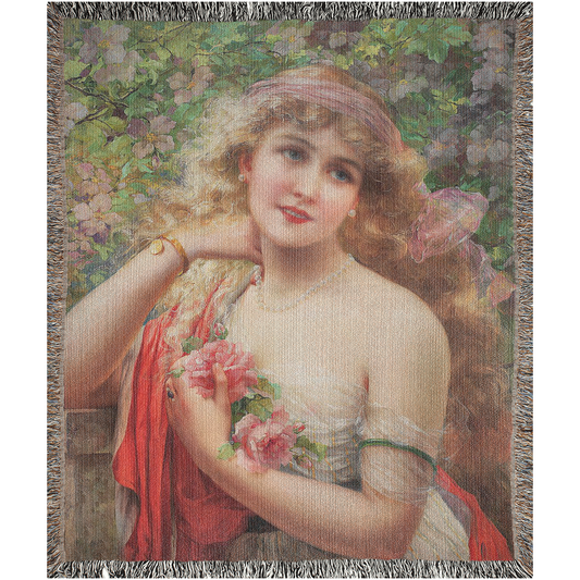 100% cotton Victorian Lady design design woven blanket, 50 x 60 or 60 x 80in, Young Lady With Roses