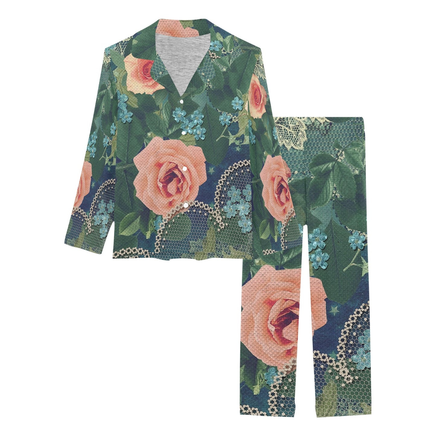 Victorian printed lace pajama set, design 01 Women's Long Pajama Set (Sets 02)