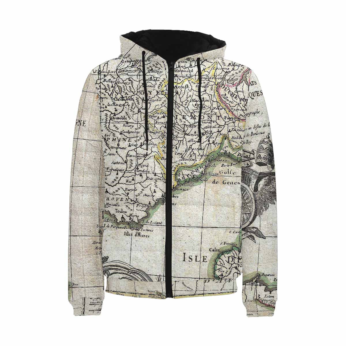 Antique Map design, mens lightweight, warm, quilted hooded bomber jacket, design, 6