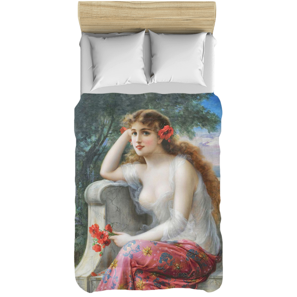Victorian lady design comforter, twin, twin XL, queen or king, Young Beauty with Poppies