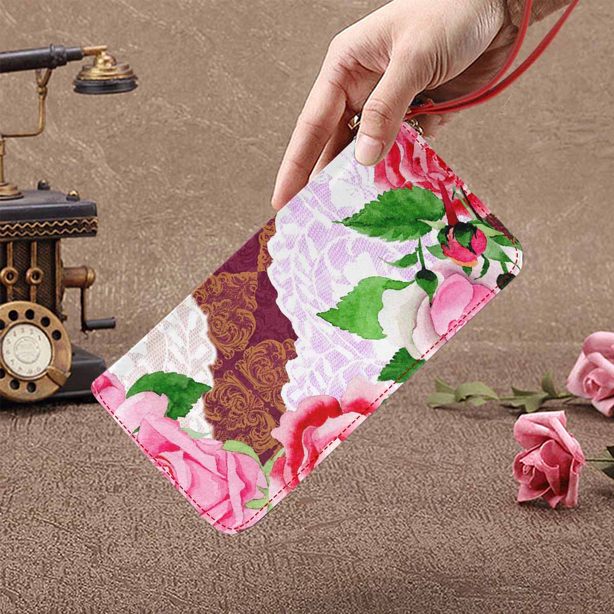 Victorian lace print womens wallet, clutch purse, red trim, design 19