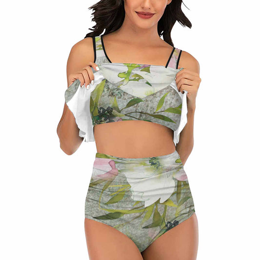 Vintage floral high waisted flounce top bikini, swim wear, Design 03