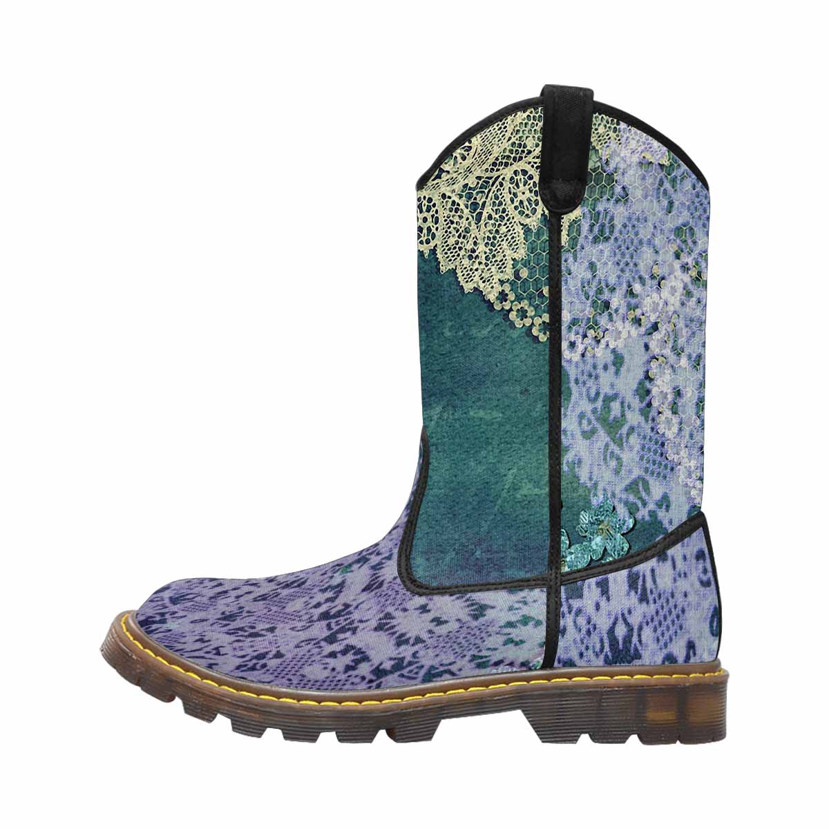 Victorian lace print, western lumber boots, design 05