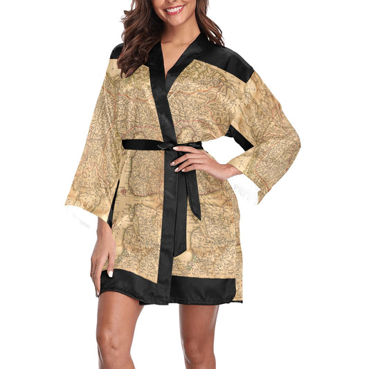Antique Map Kimono Robe, Black or White Trim, Sizes XS to 2XL, Design 42