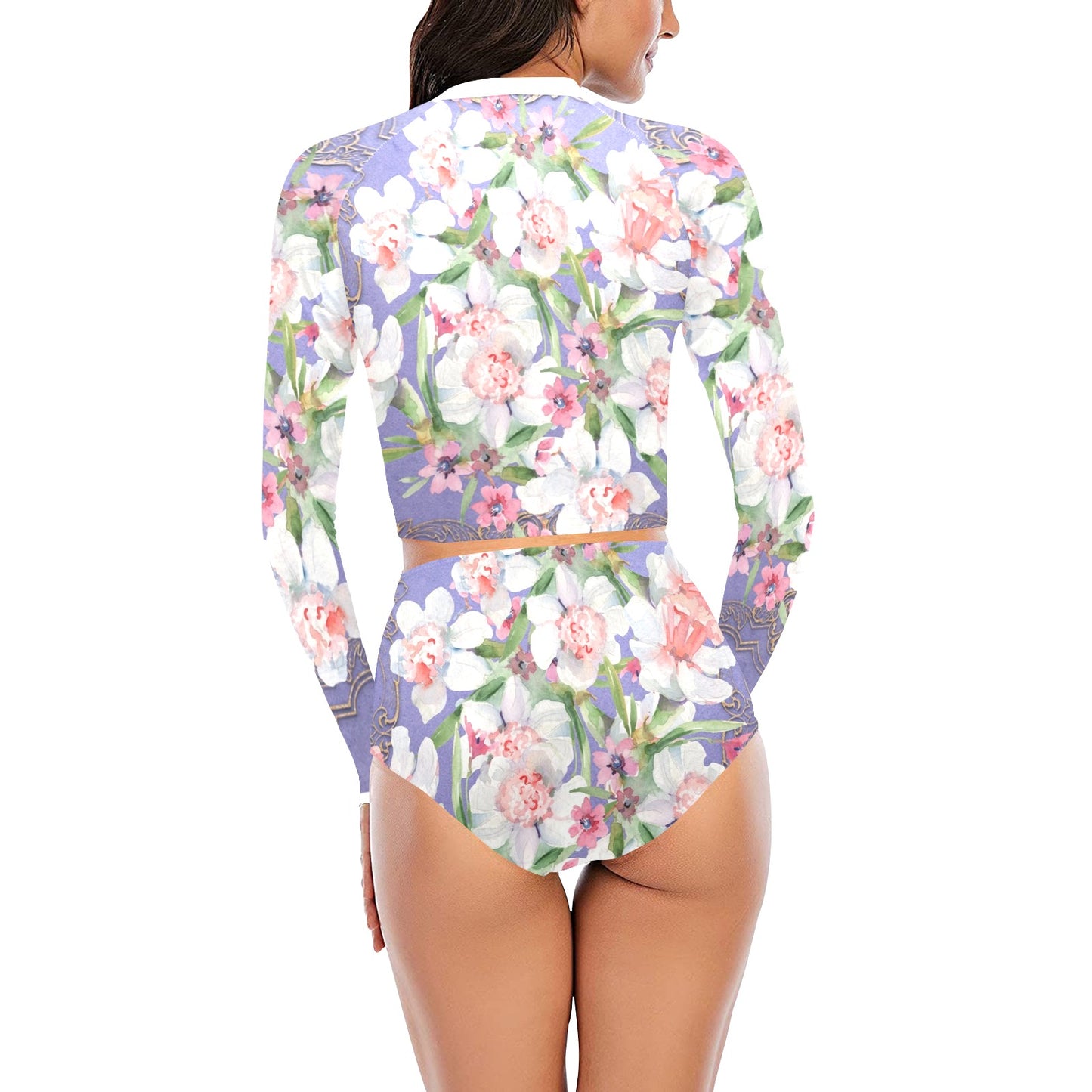Victorian printed lace, long sleeve 2pc swimsuit, beachwear, design 47 Long Sleeve Bikini Set (Model S27)
