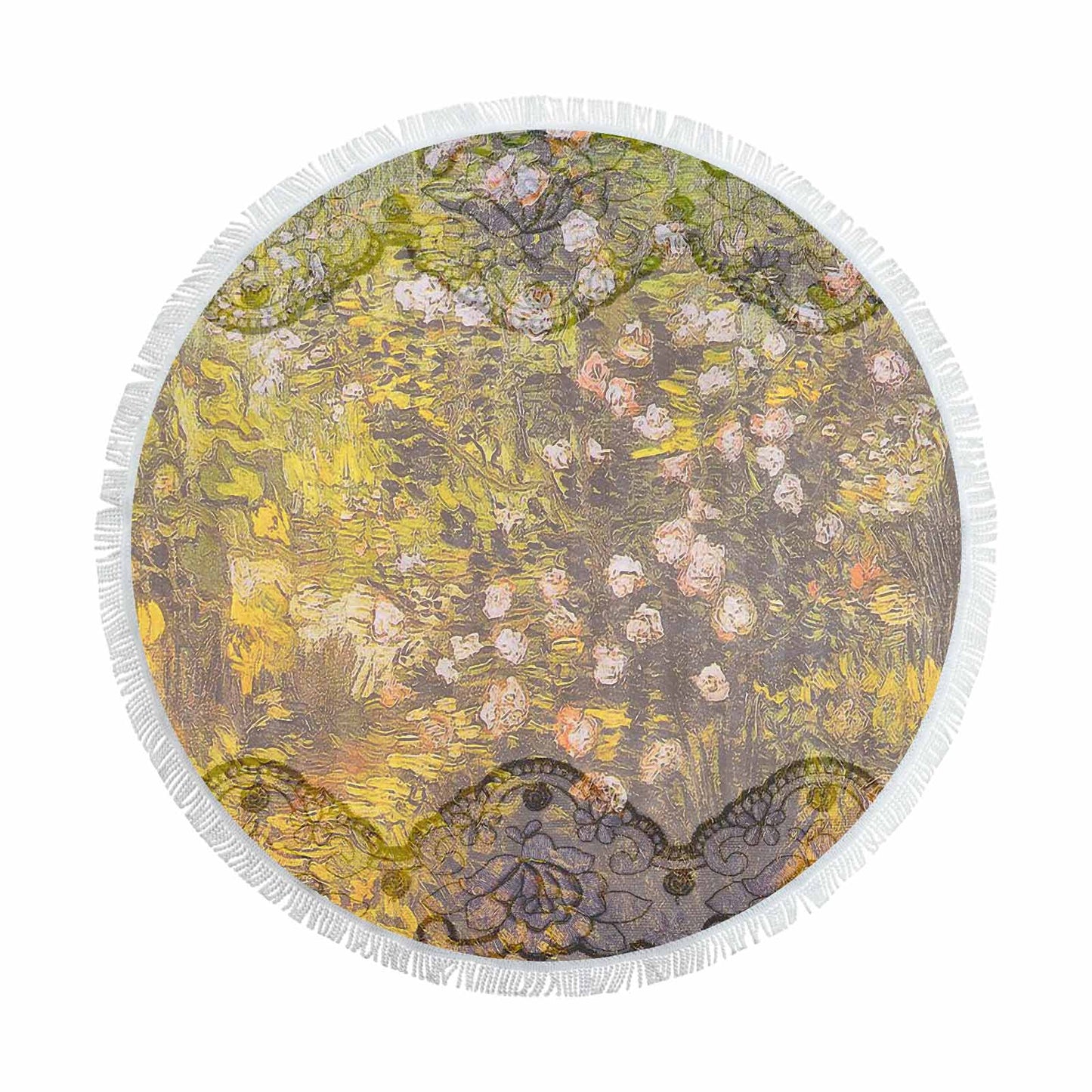 Vintage Floral circular plush beach towel, fringe edges, Design 05x