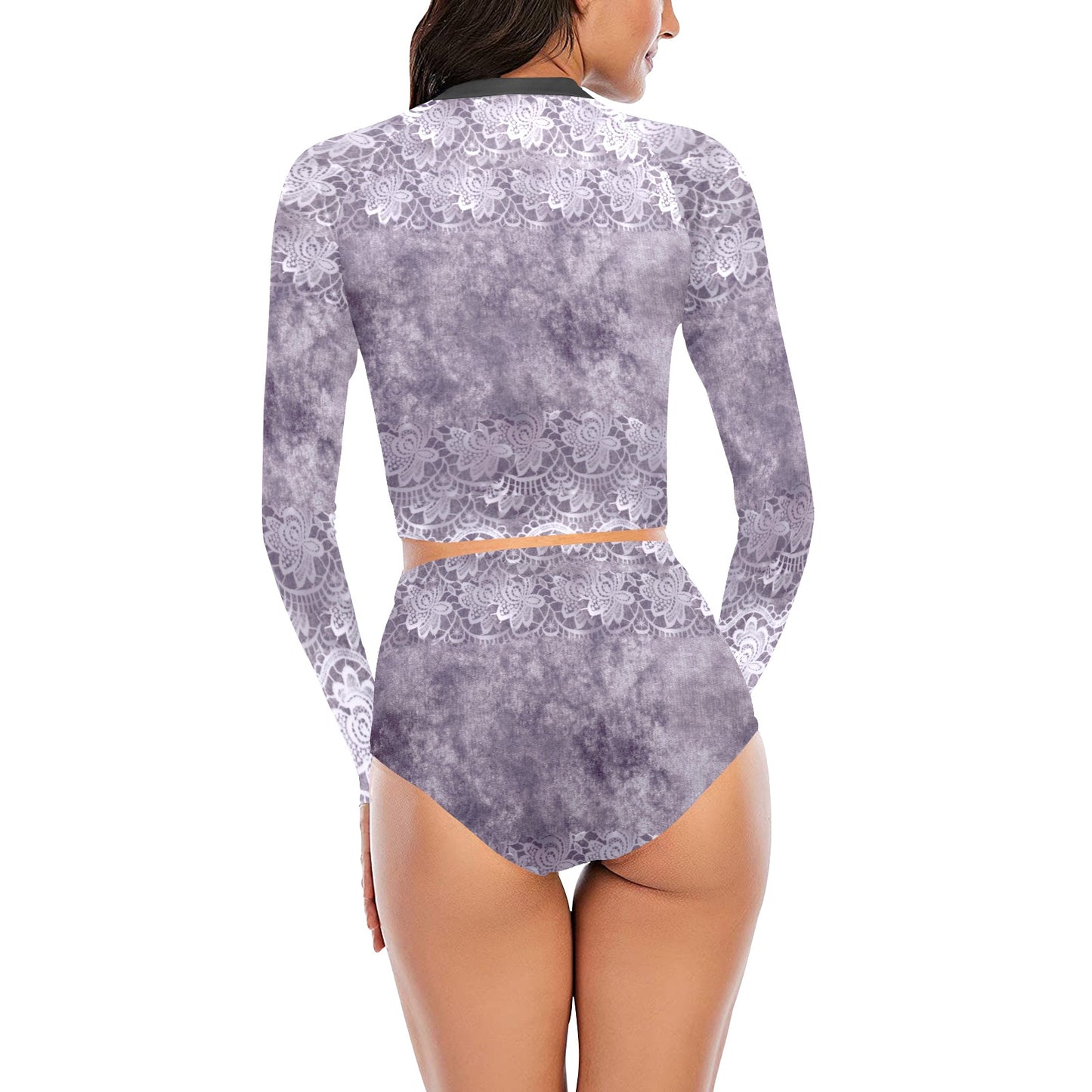 Victorian printed lace, long sleeve 2pc swimsuit, beachwear, design 39 Long Sleeve Bikini Set (Model S27)