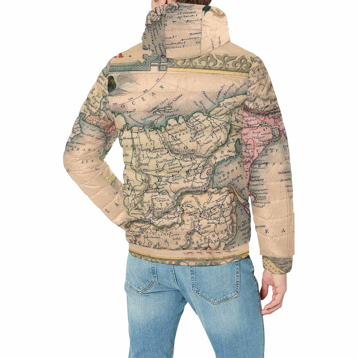 Antique Map design, mens lightweight, warm, quilted hooded bomber jacket, design, 37