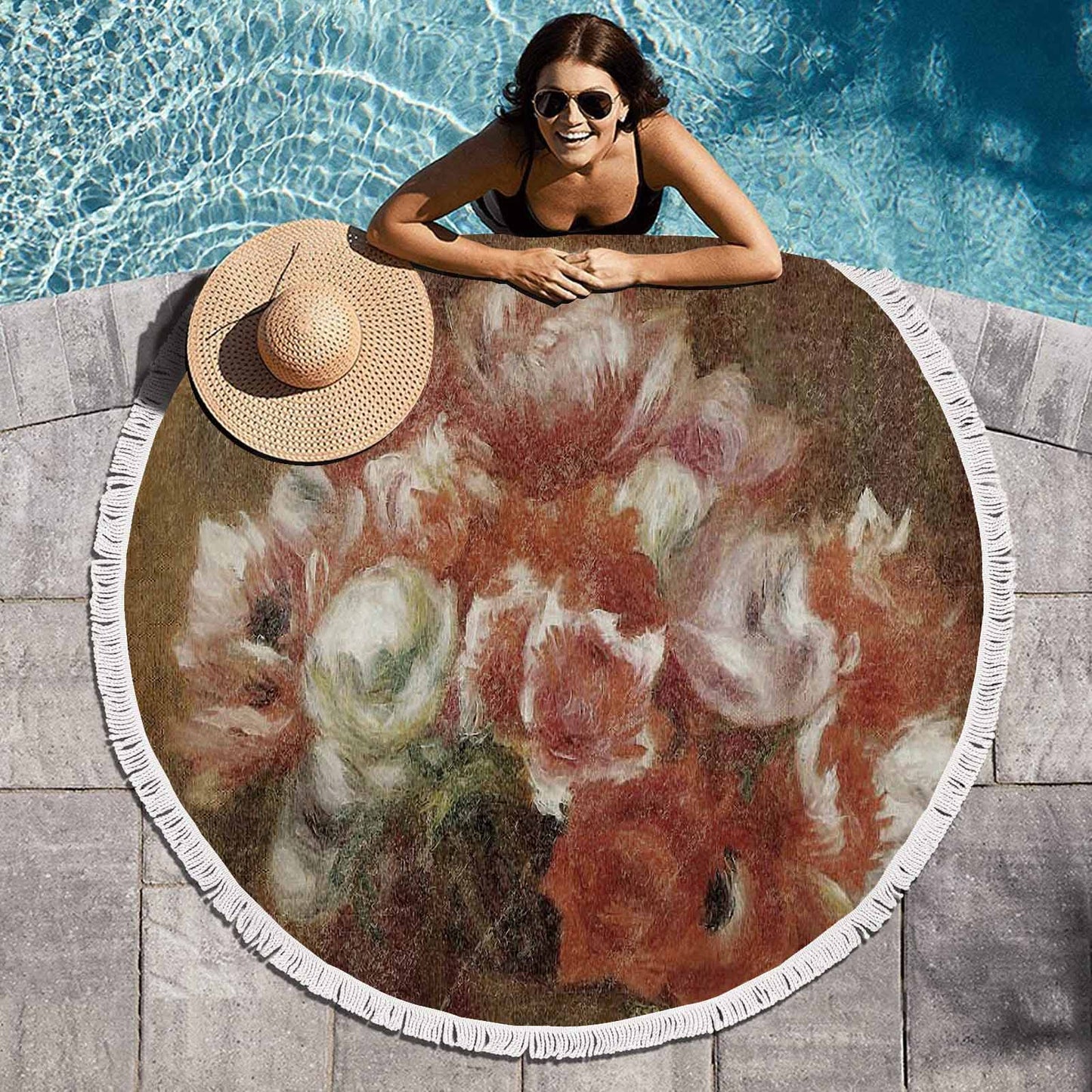 Vintage Floral circular plush beach towel, fringe edges, Design 15