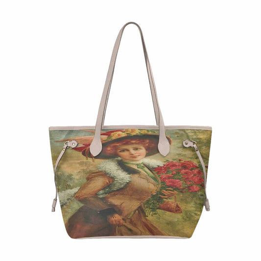 Victorian Lady Design Handbag, Model 1695361, Elegant Lady With A Bouquet of Roses, BEIGE/TAN TRIM
