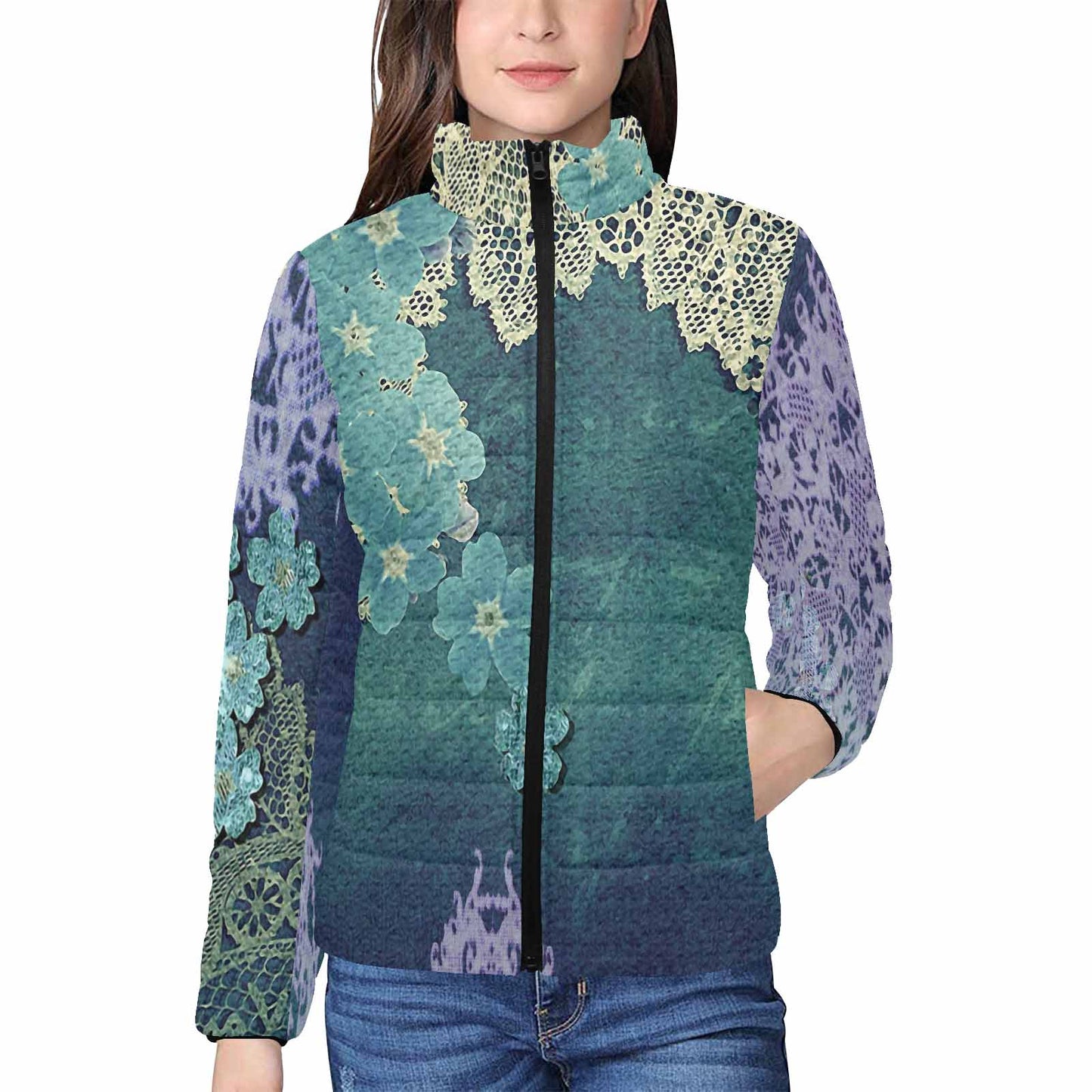 Victorian Lace print womens padded quilted jacket, design 05