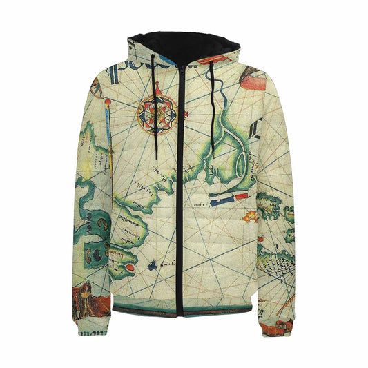 Antique Map design, mens lightweight, warm, quilted hooded bomber jacket, design, 33
