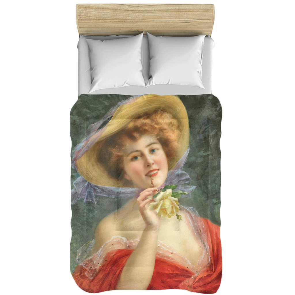 Victorian lady design comforter, twin, twin XL, queen or king, Young Girl with a Rose