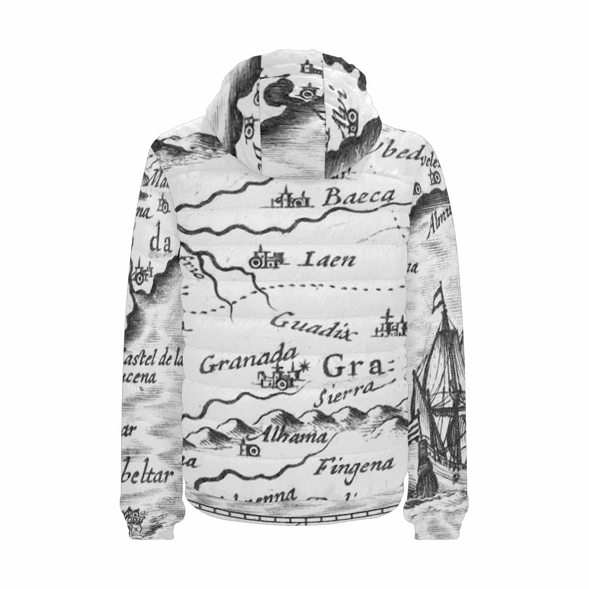 Antique Map design, mens lightweight, warm, quilted hooded bomber jacket, design, 23