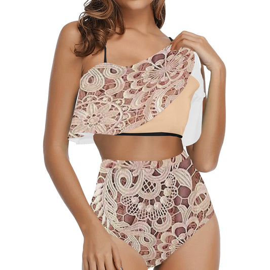Flounce & Ruffle Bikini swimwear, Printed Victorian lace, Design 11 High Waisted Ruffle Bikini Set-A/B (Model SO3)