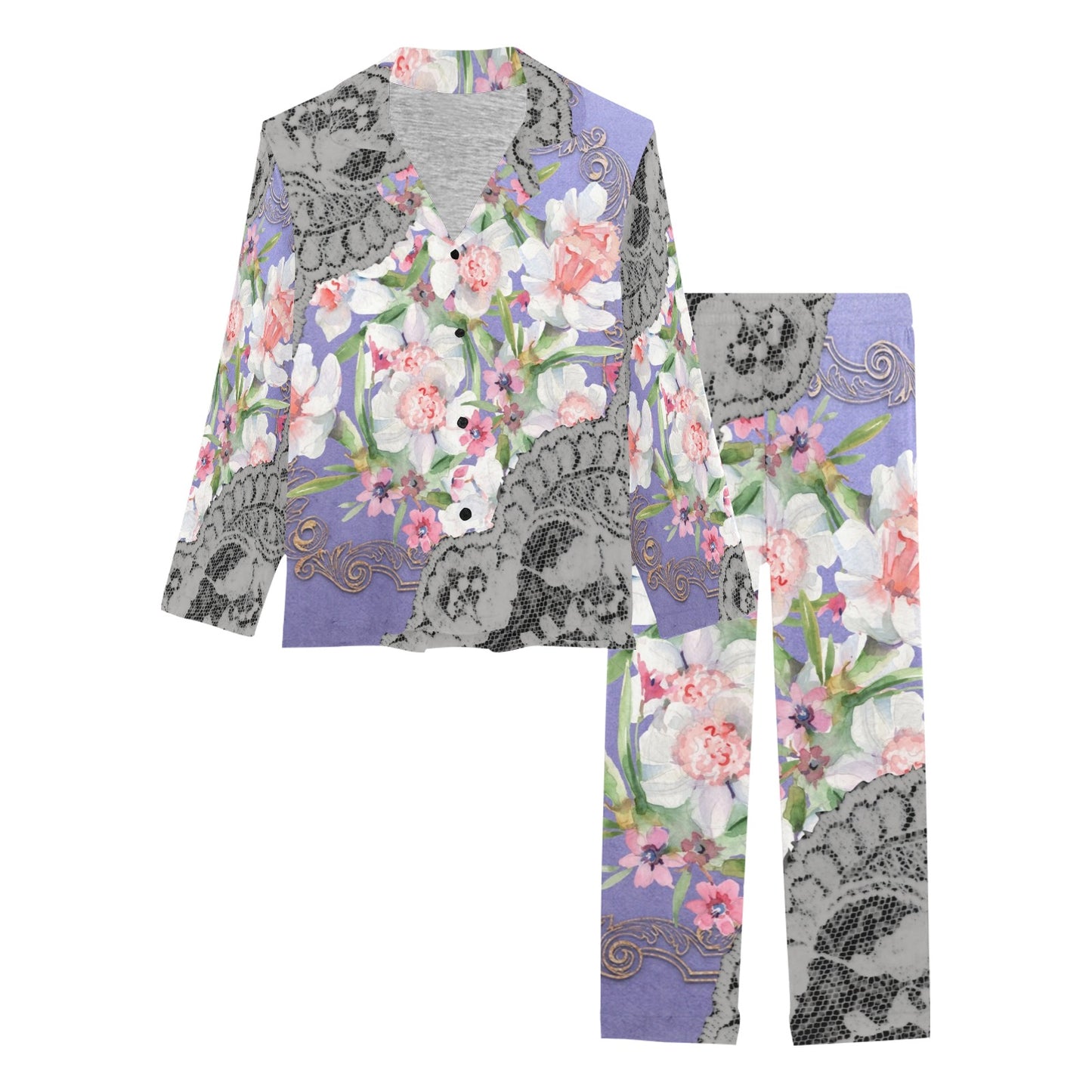 Victorian printed lace pajama set, design 45 Women's Long Pajama Set (Sets 02)