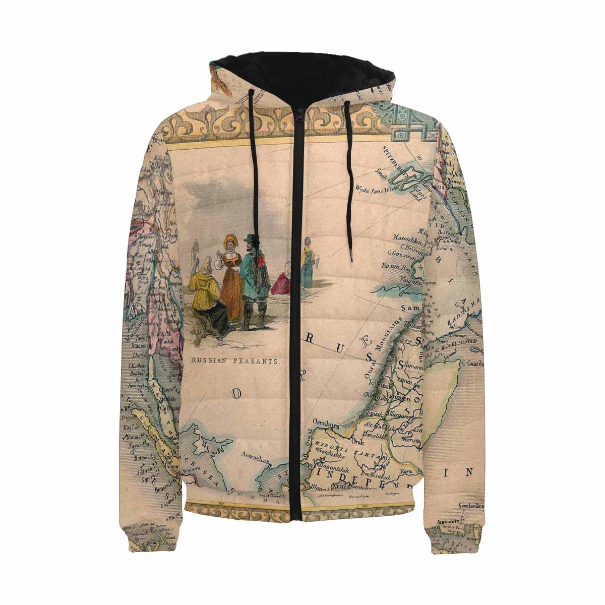 Antique Map design, mens lightweight, warm, quilted hooded bomber jacket, design, 37