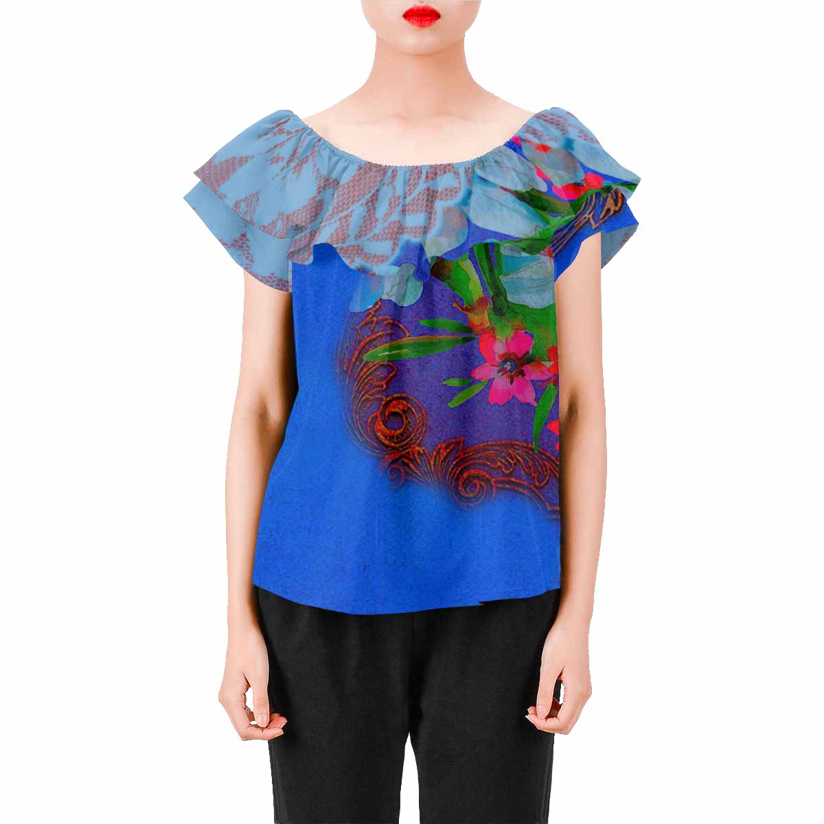 Victorian Lace print Chiffon Blouse, design 46