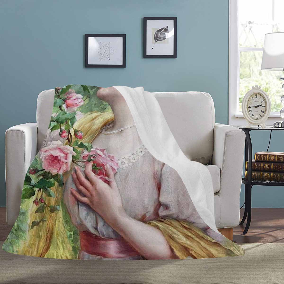 Victorian Lady Design BLANKET, LARGE 60 in x 80 in, Lady Picking Pink Rose