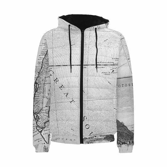 Antique Map design, mens lightweight, warm, quilted hooded bomber jacket, design, 38