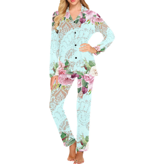 Victorian printed lace pajama set, design 24 Women's Long Pajama Set (Sets 02)