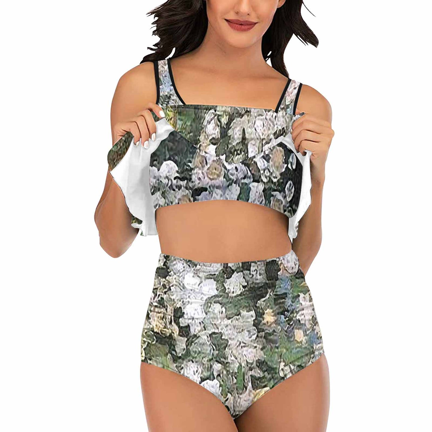 Vintage floral high waisted flounce top bikini, swim wear, Design 07