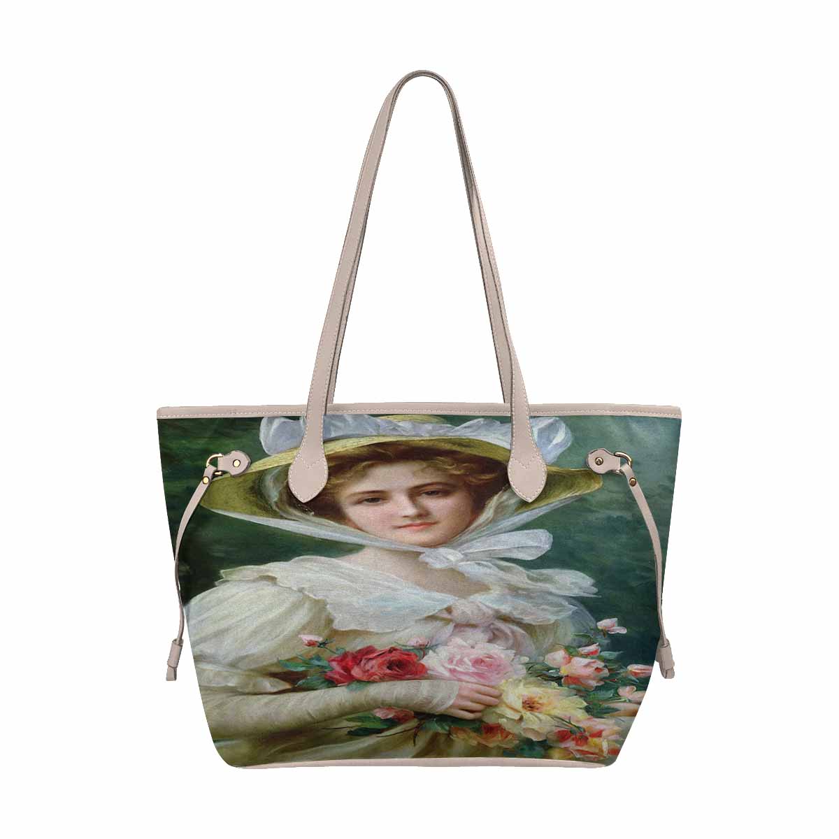 Victorian Lady Design Handbag, Model 1695361, Elegant Lady With A Bouquet of Roses 1, BEIGE/TAN TRIM