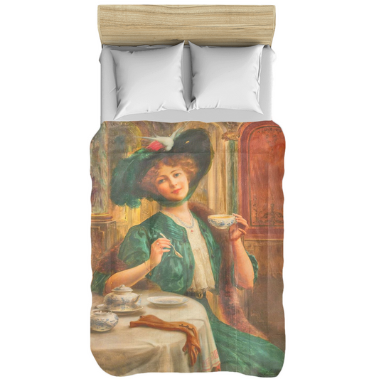 Victorian lady design comforter, twin, twin XL, queen or king, lady in green