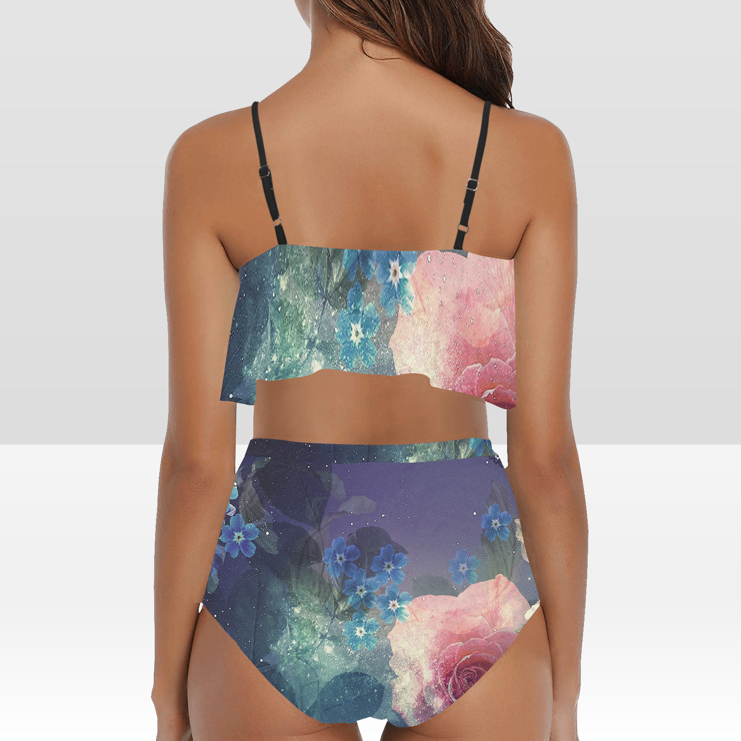 Flounce & Ruffle Bikini swimwear, Printed Victorian lace, Design 02 High Waisted Ruffle Bikini Set-A/B/C (Model S03)