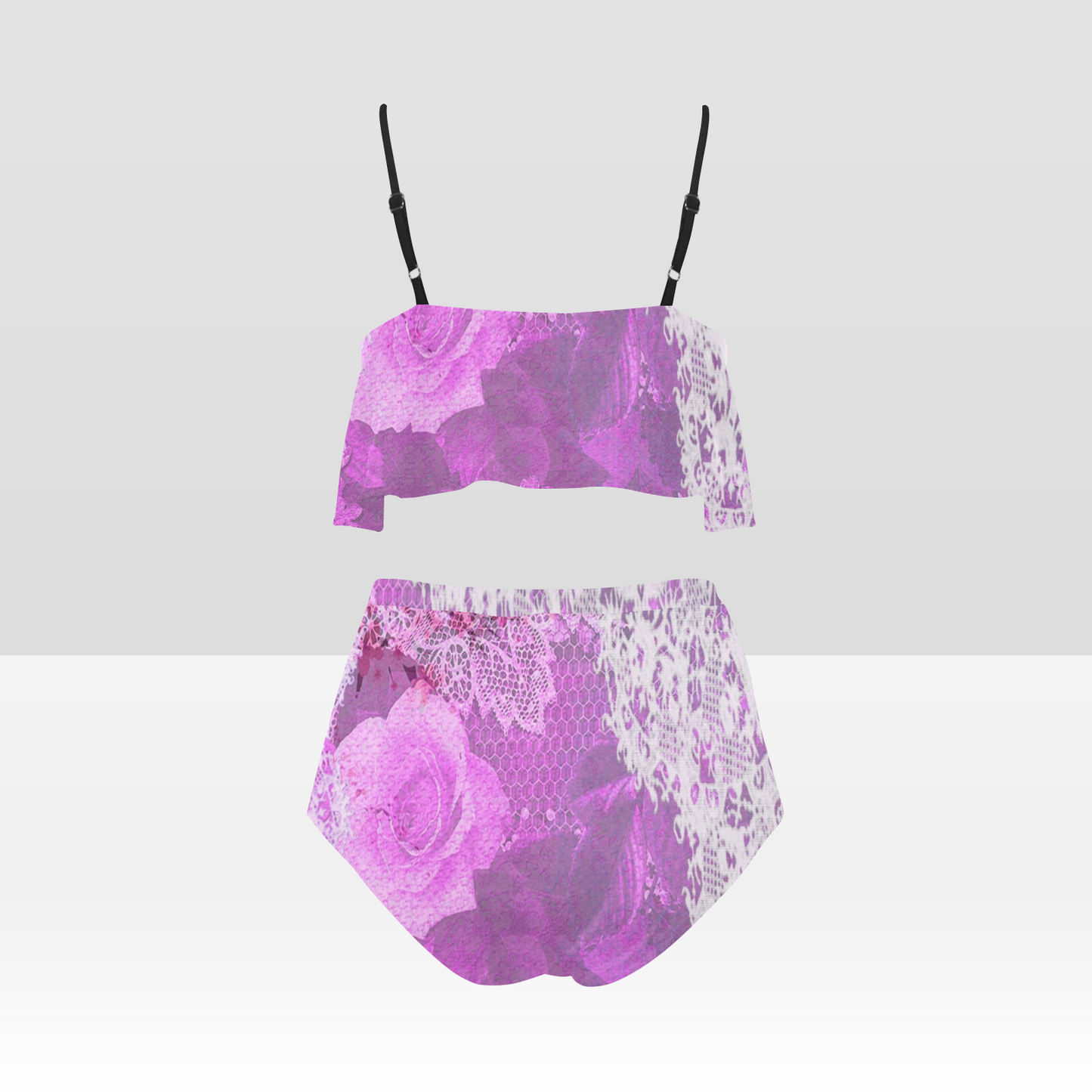 Flounce & Ruffle Bikini Swimwear, Printed Victorian lace, Design 03 High Waisted Ruffle Bikini Set-A/B (Model SO3)