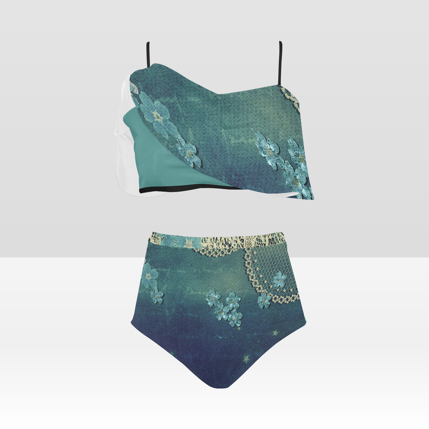 Flounce & Ruffle Bikini swimwear, Printed Victorian lace, Design 04 High Waisted Ruffle Bikini Set-A/B (Model SO3)