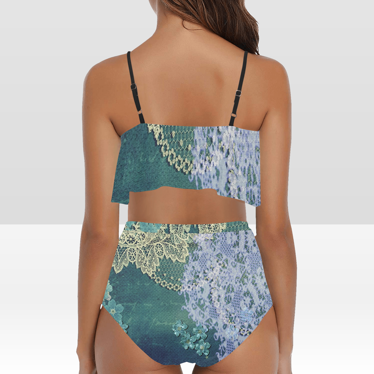 Flounce & Ruffle Bikini swimwear, Printed Victorian lace, Design 05 High Waisted Ruffle Bikini Set-A/B (Model SO3)