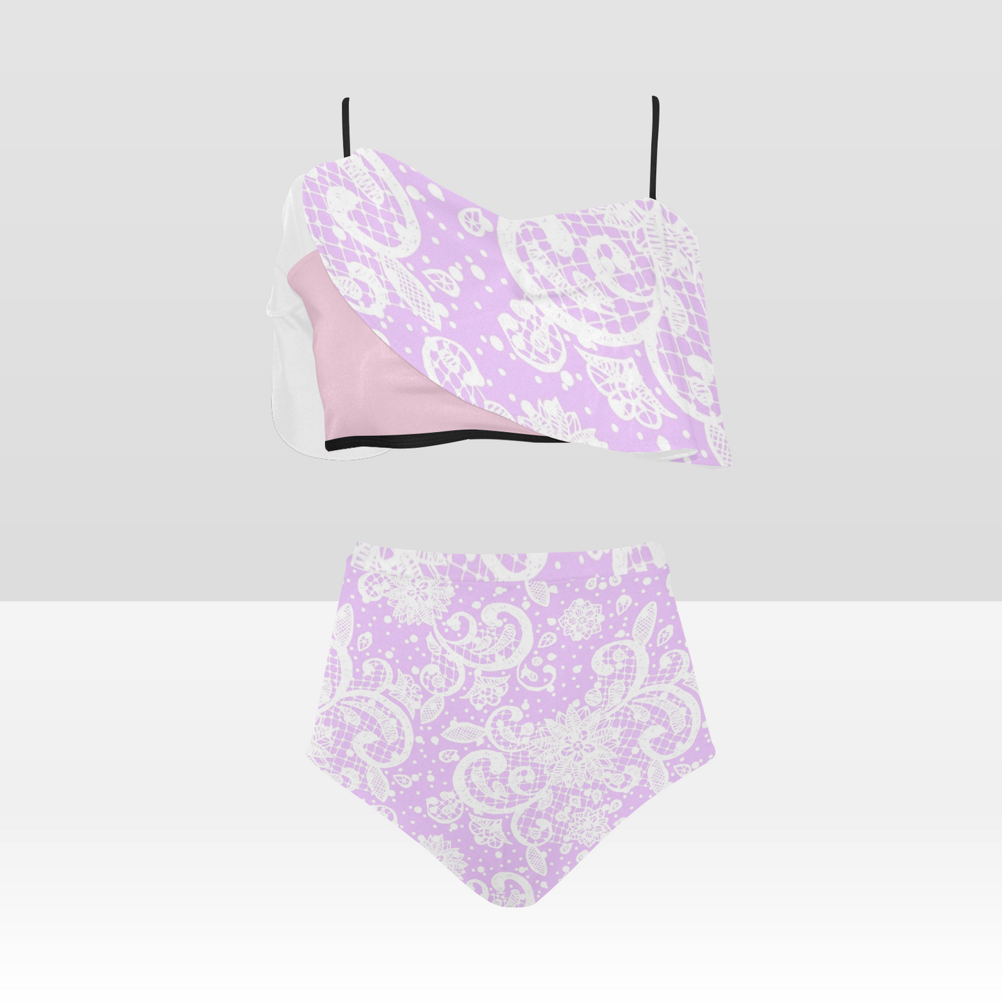 Flounce & Ruffle Bikini swimwear, Printed Victorian lace, Design 06 High Waisted Ruffle Bikini Set-A/B (Model SO3)