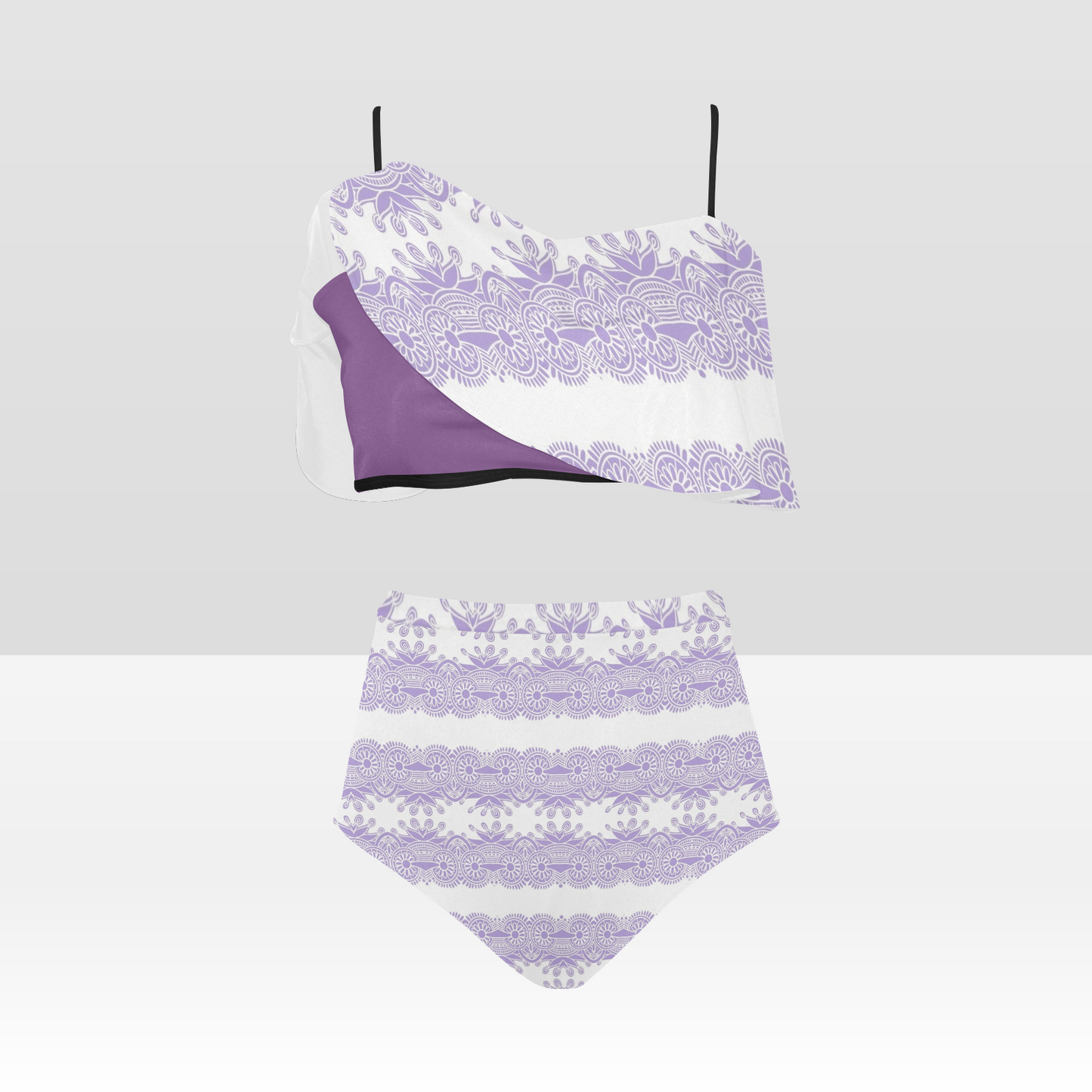 Flounce & Ruffle Bikini swimwear, Printed Victorian lace, Design 07 High Waisted Ruffle Bikini Set-A/B (Model SO3)